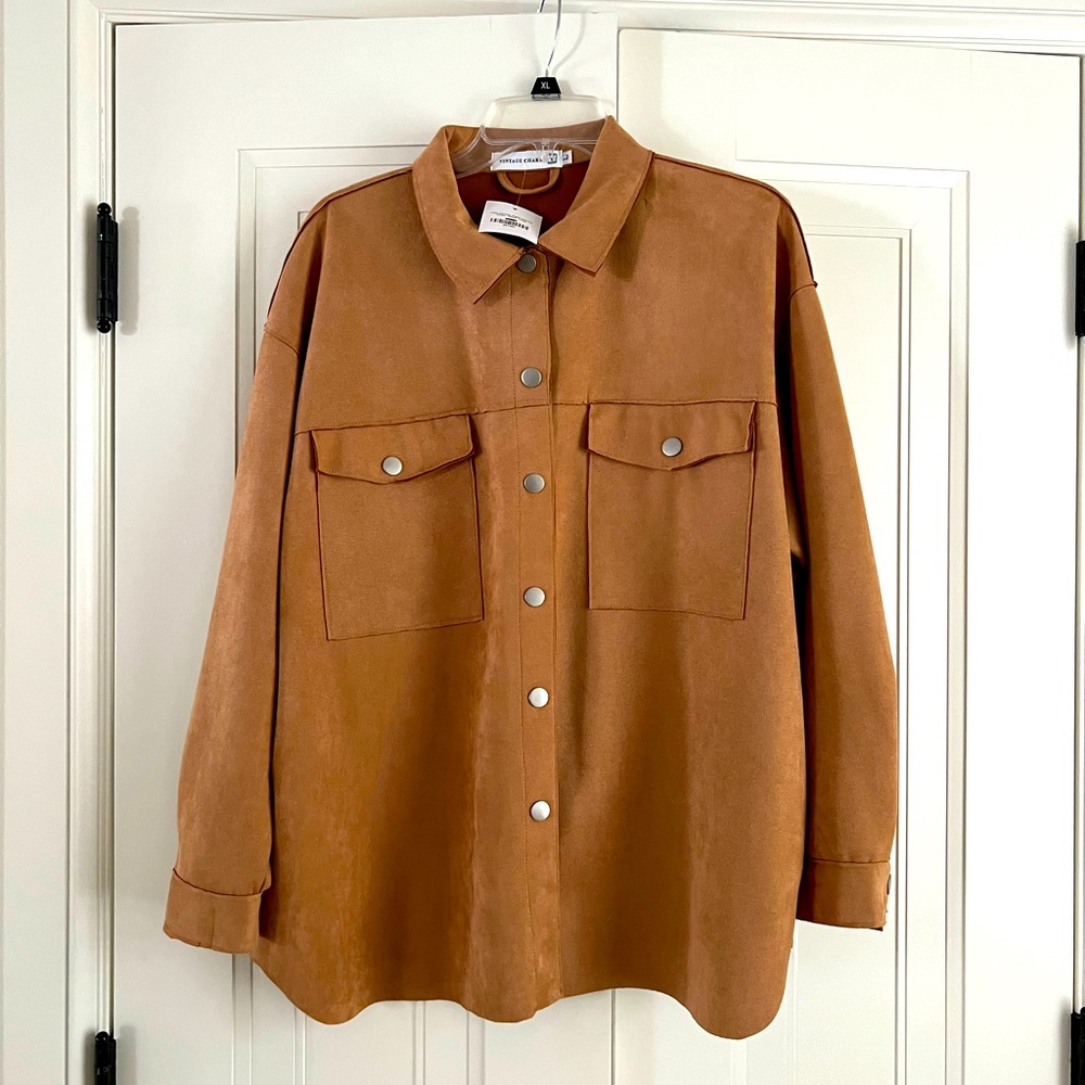 Camel color button front shirt (shacket)